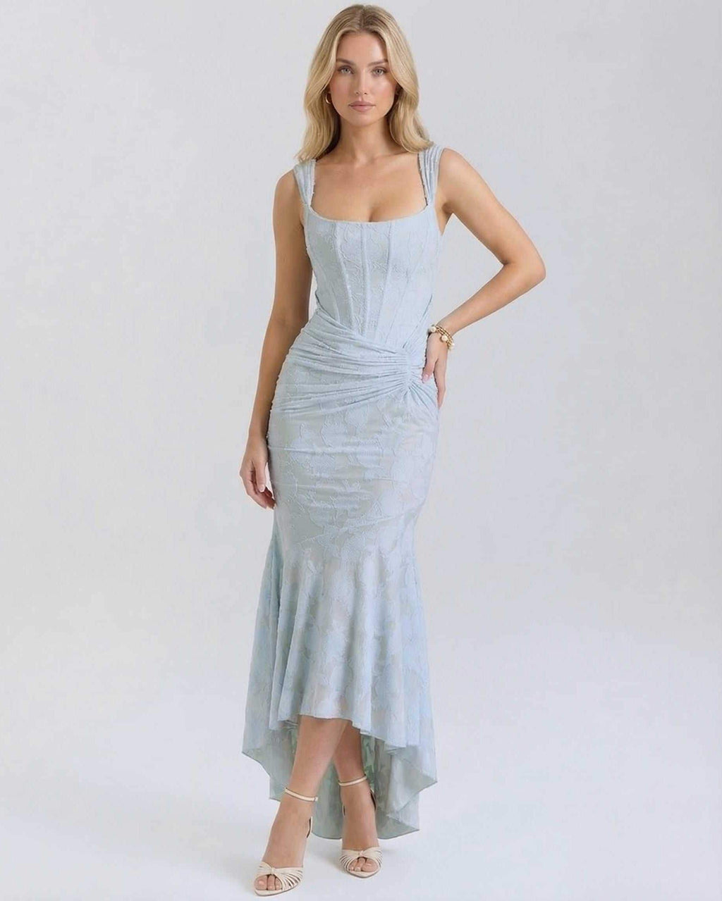 Celeste Maxi Dress by Lauven featuring a square collar and jacquard design in pale blue with a fish tail hemline.