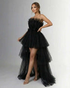 Celeste Maxi Dress by Lauven - Strapless black gown with dramatic tulle overlay, showcasing a unique layered silhouette.