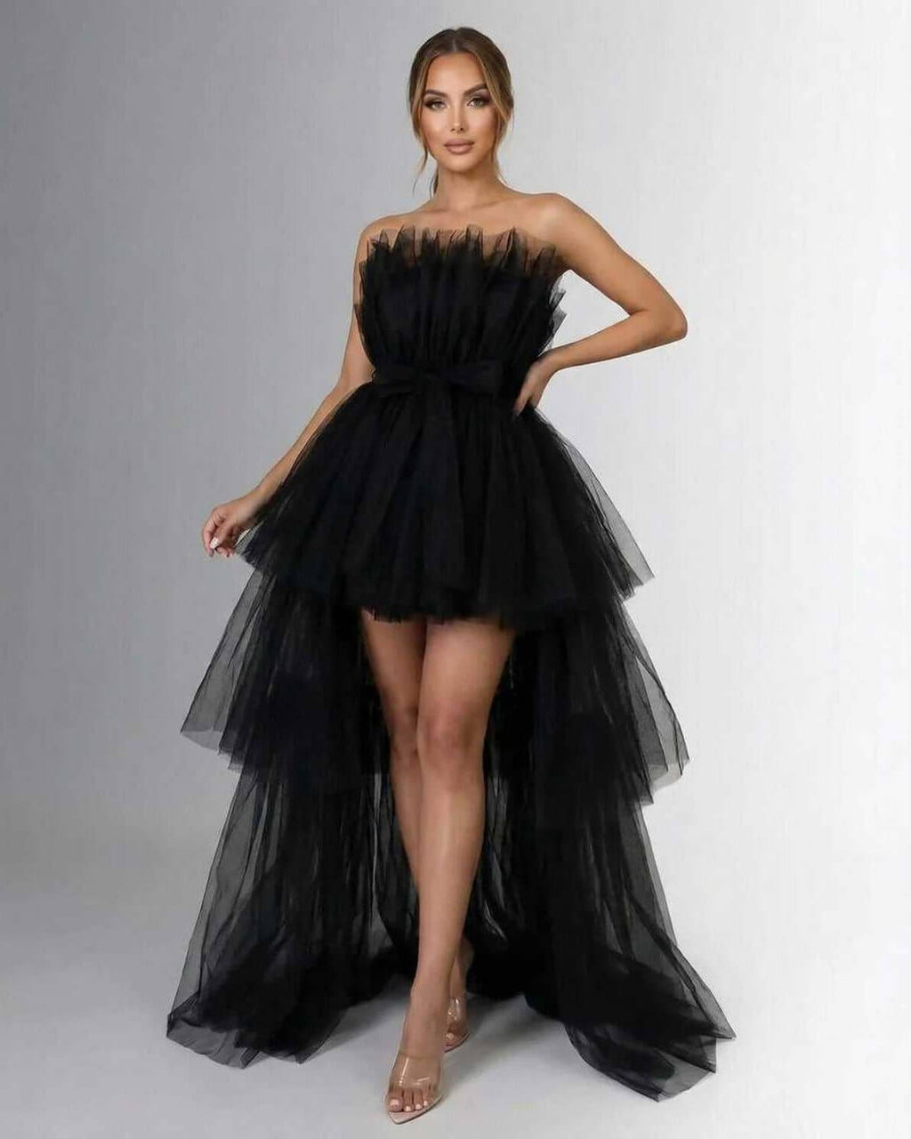 Celeste Maxi Dress by Lauven - Strapless, dramatic tulle overlay in black for an elegant evening look.