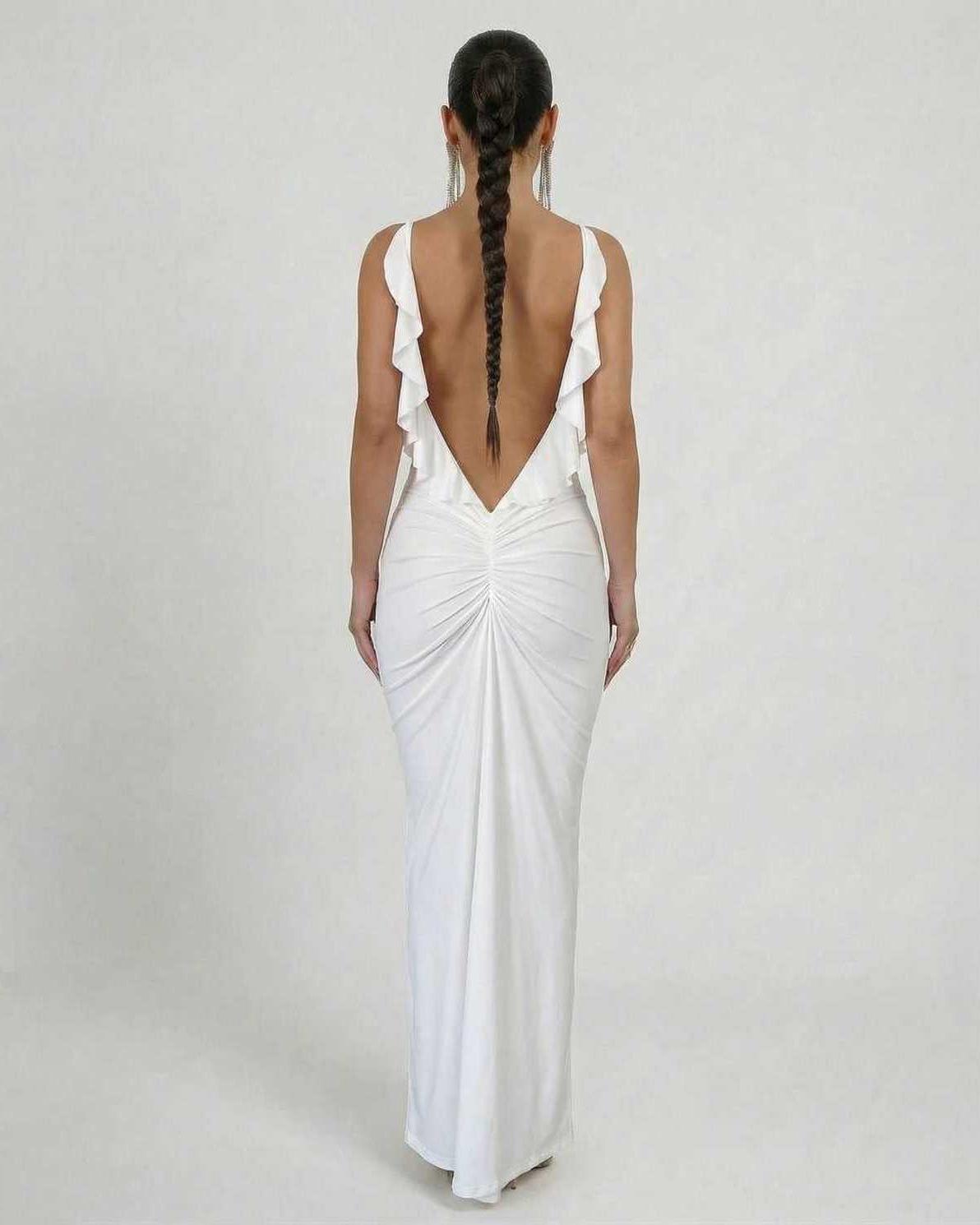 Celeste Maxi Dress by Lauven, elegant white sleeveless bodycon with a deep backless design and flattering silhouette.
