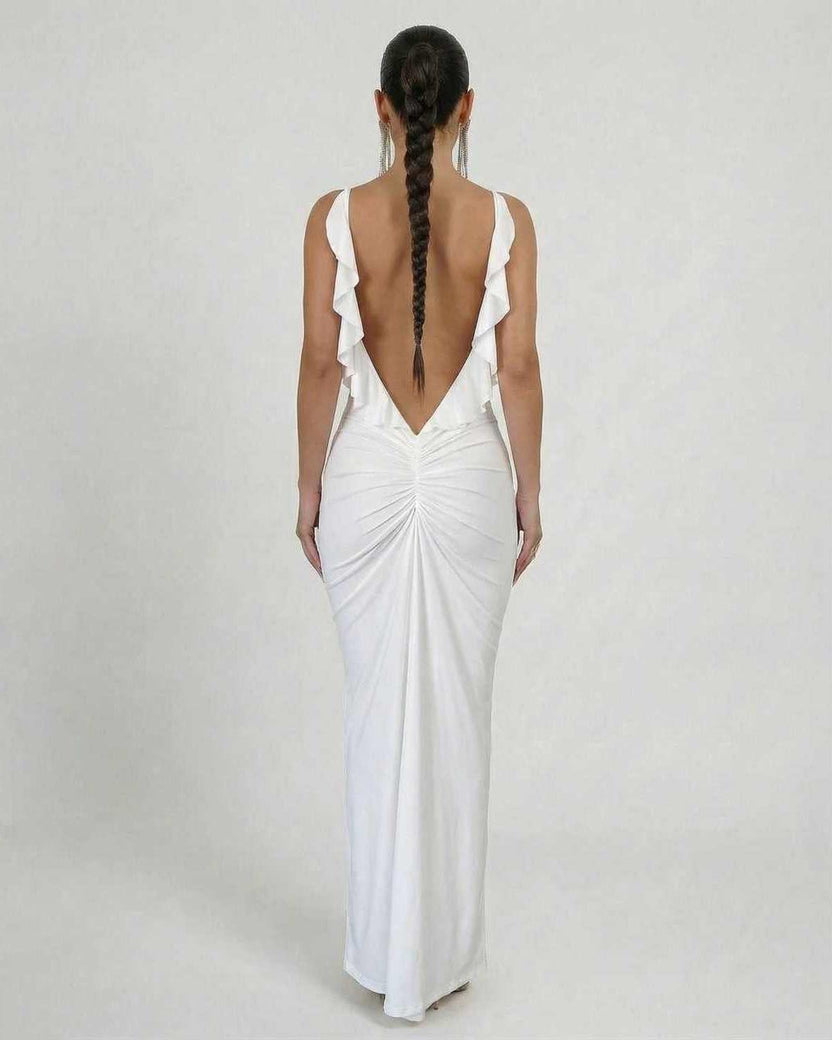 Celeste Maxi Dress by Lauven, elegant white sleeveless bodycon with a deep backless design and flattering silhouette.