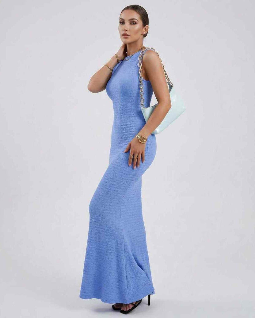 Celeste Maxi Dress by Lauven in light blue, sleeveless slim fit ankle-length design, ideal for casual and semi-formal wear.
