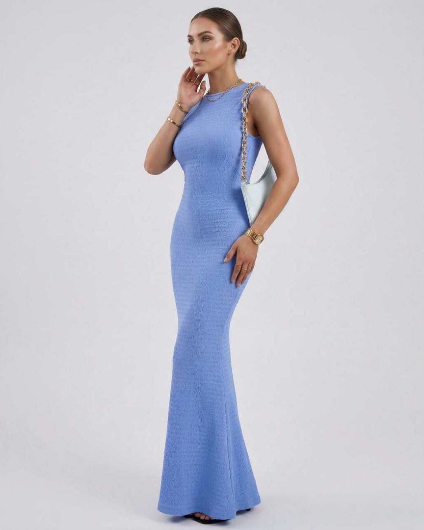 Celeste Maxi Dress by Lauven, light blue sleeveless gown with a slim fit and flared bottom, perfect for elegance.