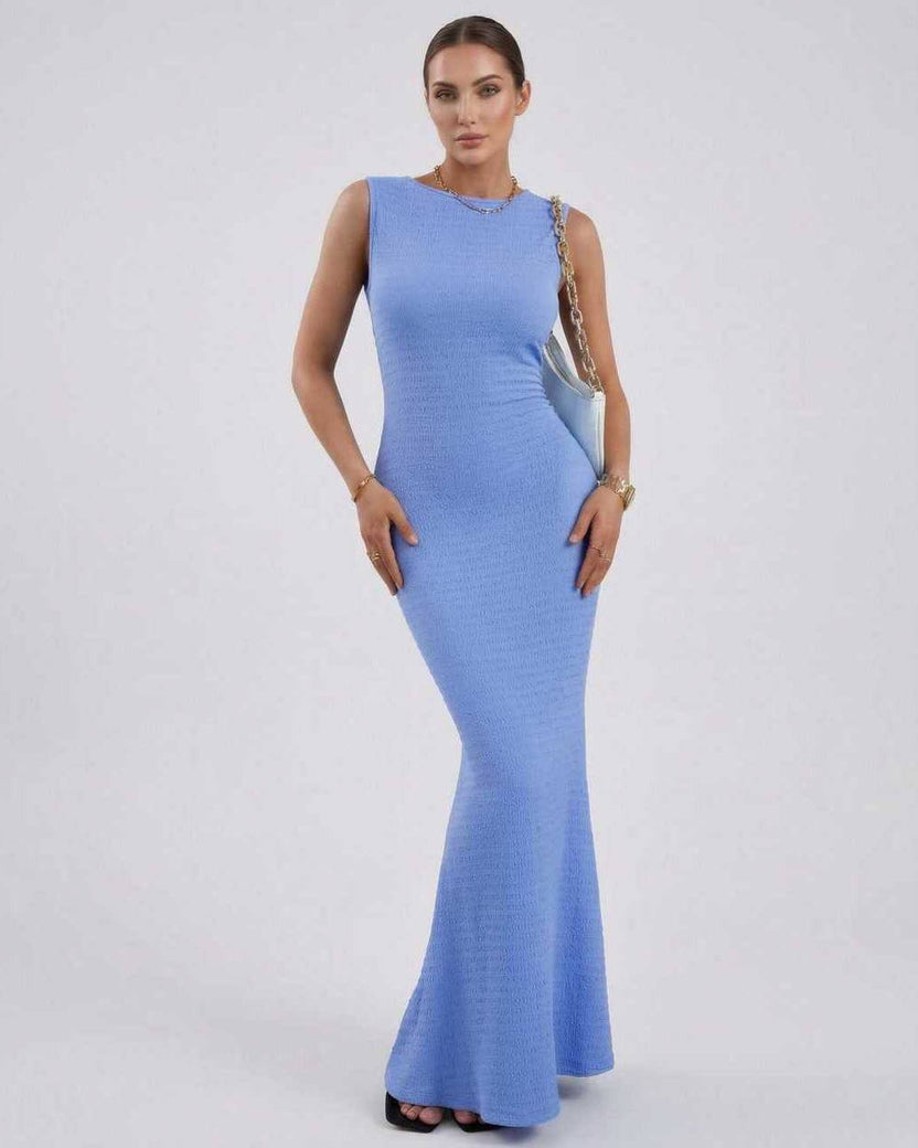 Celeste Maxi Dress by Lauven in light blue, sleeveless, ankle-length, slim fit design for casual and semi-formal occasions.