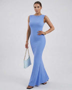 Celeste Maxi Dress by Lauven - Light blue sleeveless slim fit ankle-length dress with elegant O-neckline.