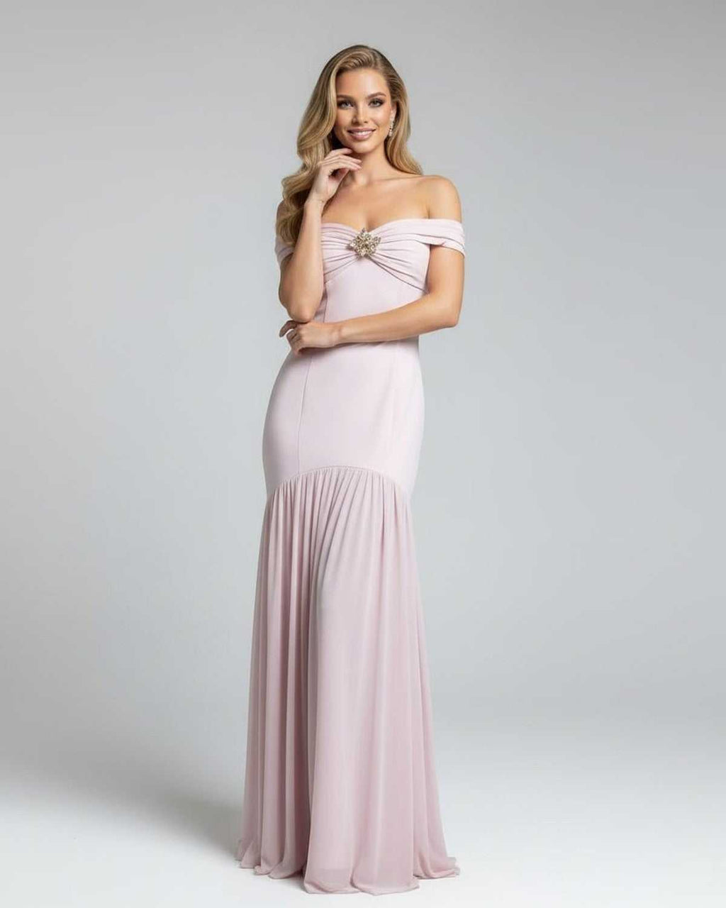 Celeste Maxi Dress by Lauven - Elegant off-shoulder evening gown in soft pink with metallic embellishment.