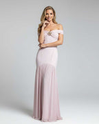 Celeste Maxi Dress by Lauven - Elegant off-shoulder evening gown in soft pink with metallic embellishment.