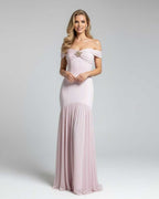 Celeste Maxi Dress by Lauven, elegant off-shoulder evening gown in soft pink with metallic embellishment.