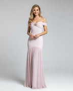 Celeste Maxi Dress by Lauven, elegant off-shoulder evening gown in soft pink with metallic embellishment.
