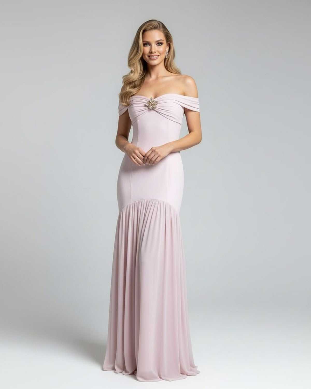 Celeste Maxi Dress by Lauven, elegant off-shoulder evening gown in soft pink with metallic embellishment.