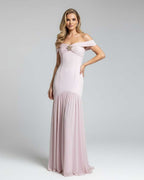 Celeste Maxi Dress by Lauven, elegant off-shoulder evening gown in soft pink with metallic embellishment.