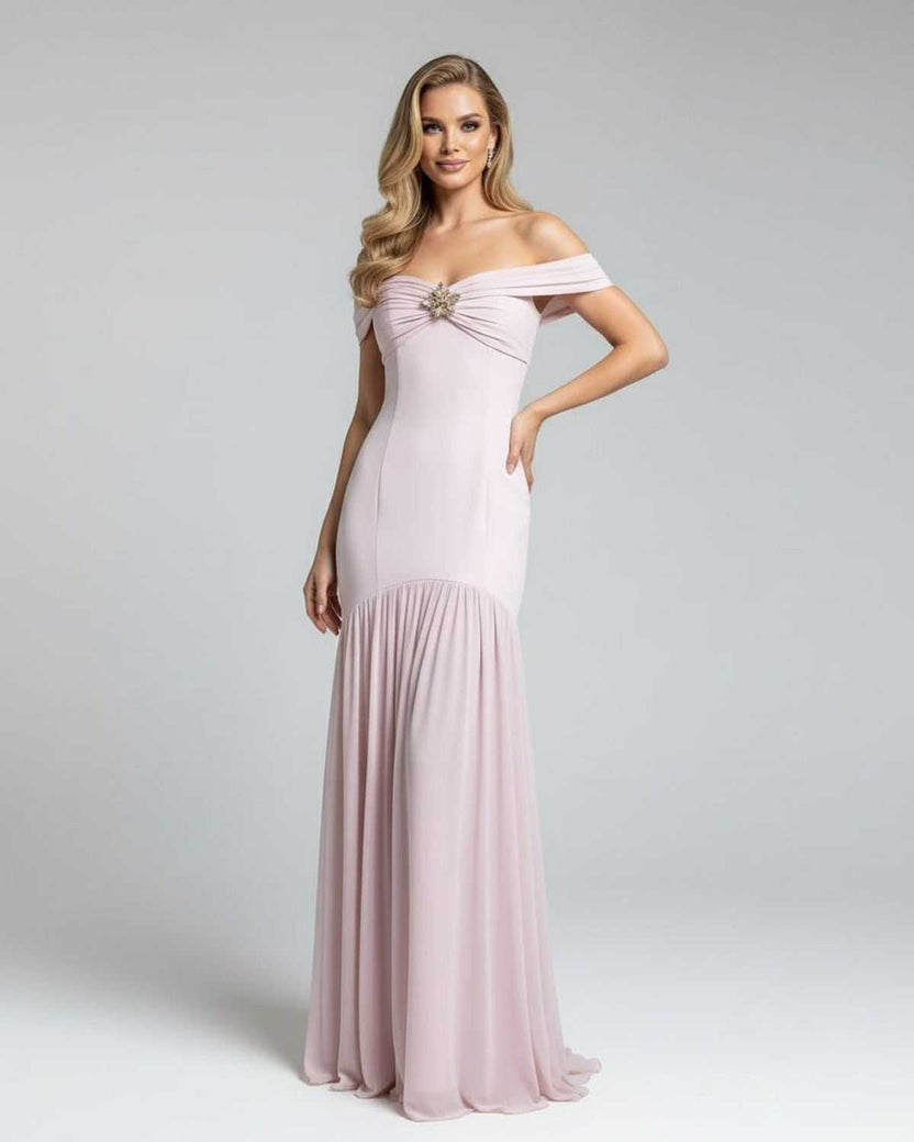 Celeste Maxi Dress by Lauven, elegant off-shoulder evening gown in soft pink with metallic embellishment.