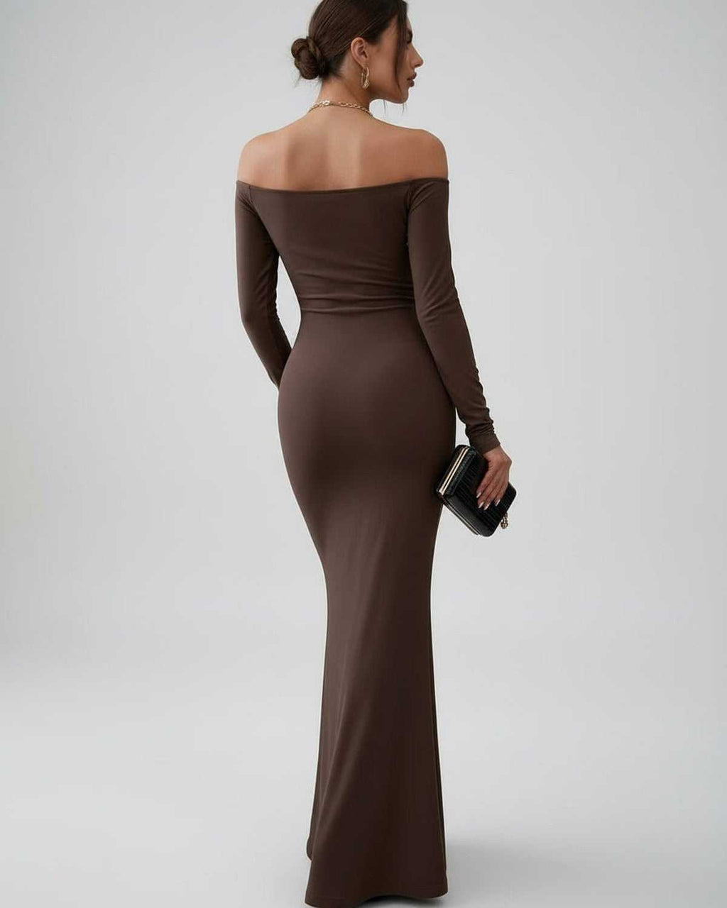 Lauven Celeste Maxi Dress off-shoulder fishtail silhouette in smooth chocolate brown, elegant and sophisticated.