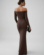 Lauven Celeste Maxi Dress off-shoulder fishtail silhouette in smooth chocolate brown, elegant and sophisticated.