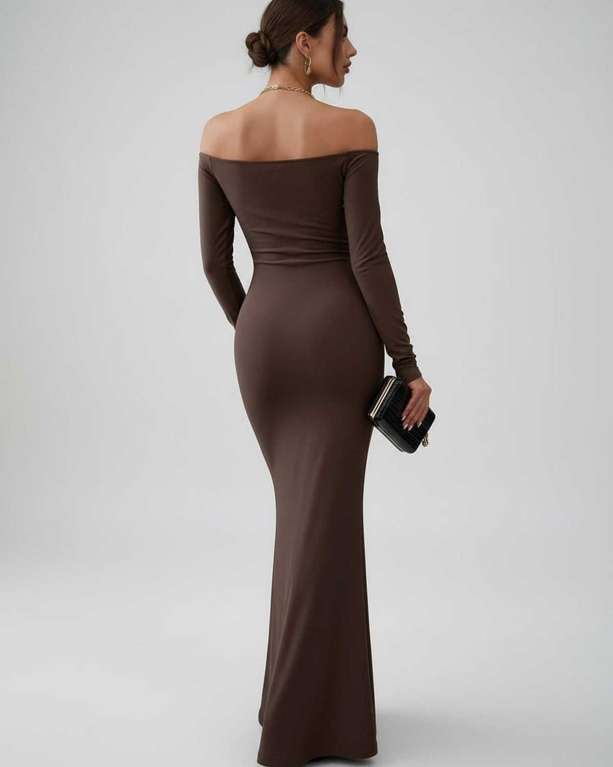 Lauven Celeste Maxi Dress off-shoulder fishtail silhouette in smooth chocolate brown, elegant and sophisticated.