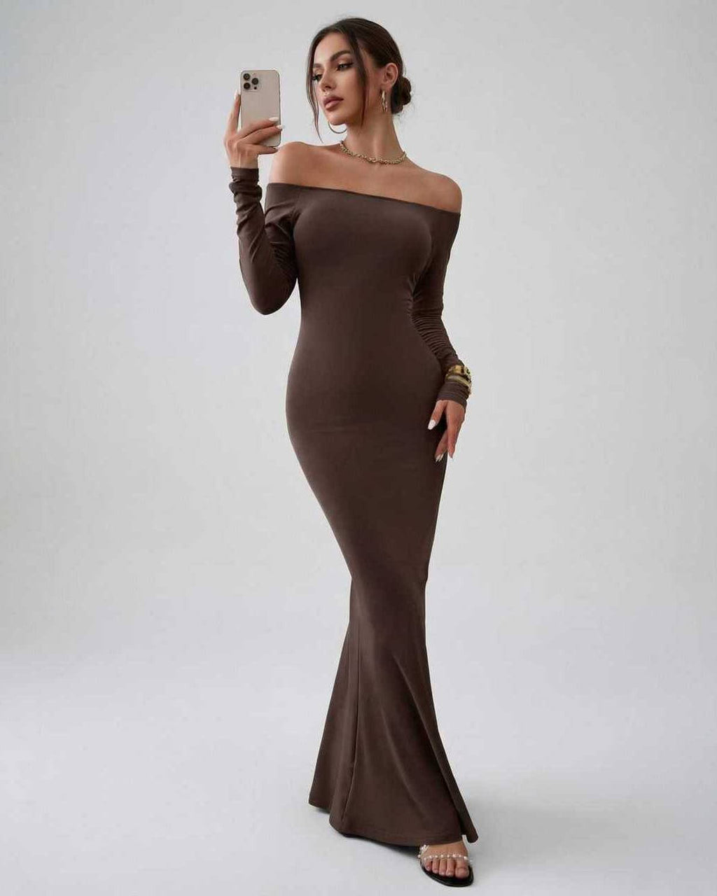 Lauven Celeste Maxi Dress in chocolate brown, off-shoulder fit with a elegant fishtail silhouette.