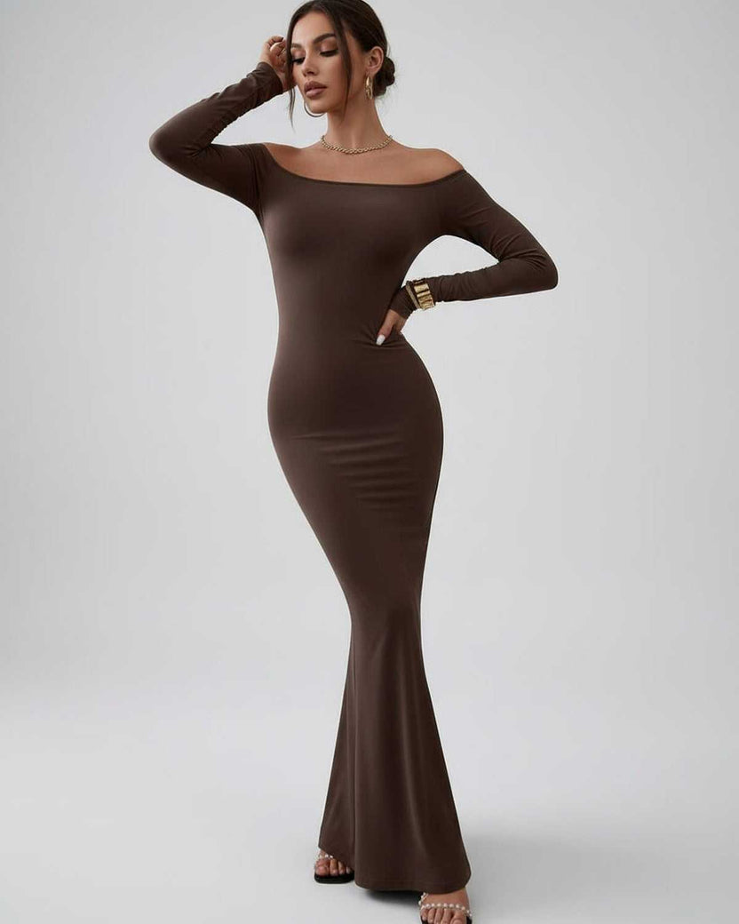Celeste Maxi Dress by Lauven featuring elegant off-shoulder fishtail silhouette in rich chocolate brown.