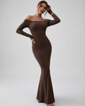 Lauven Celeste Maxi Dress featuring elegant off-shoulder fishtail silhouette in rich chocolate brown.