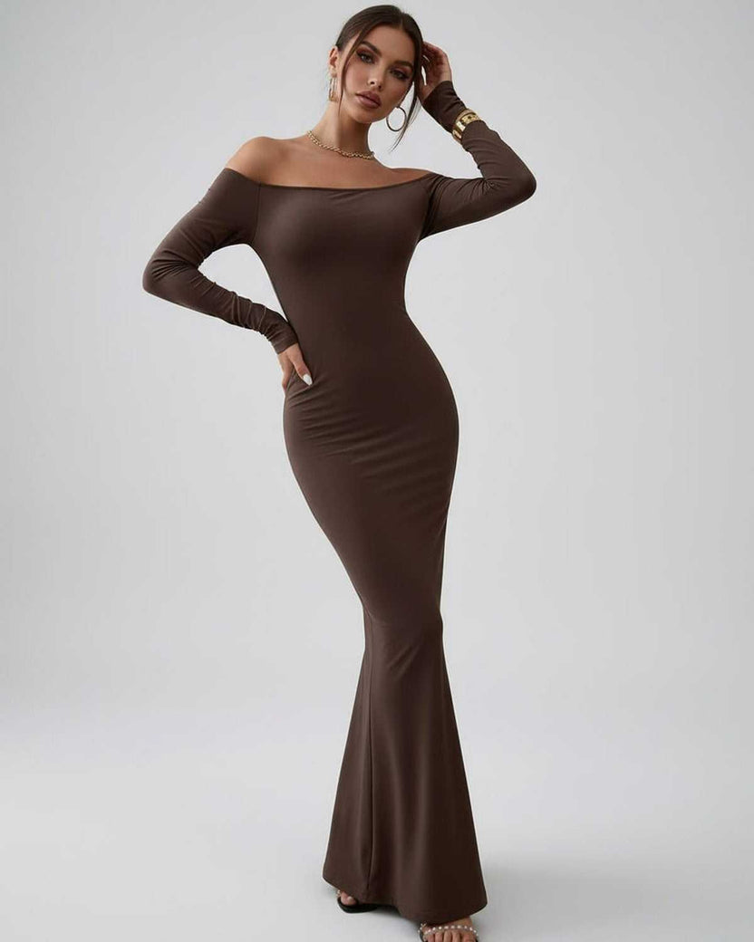 Lauven Celeste Maxi Dress featuring elegant off-shoulder fishtail silhouette in rich chocolate brown.