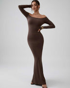 Lauven Celeste Maxi Dress in chocolate brown, off-shoulder design with sleek fishtail silhouette.