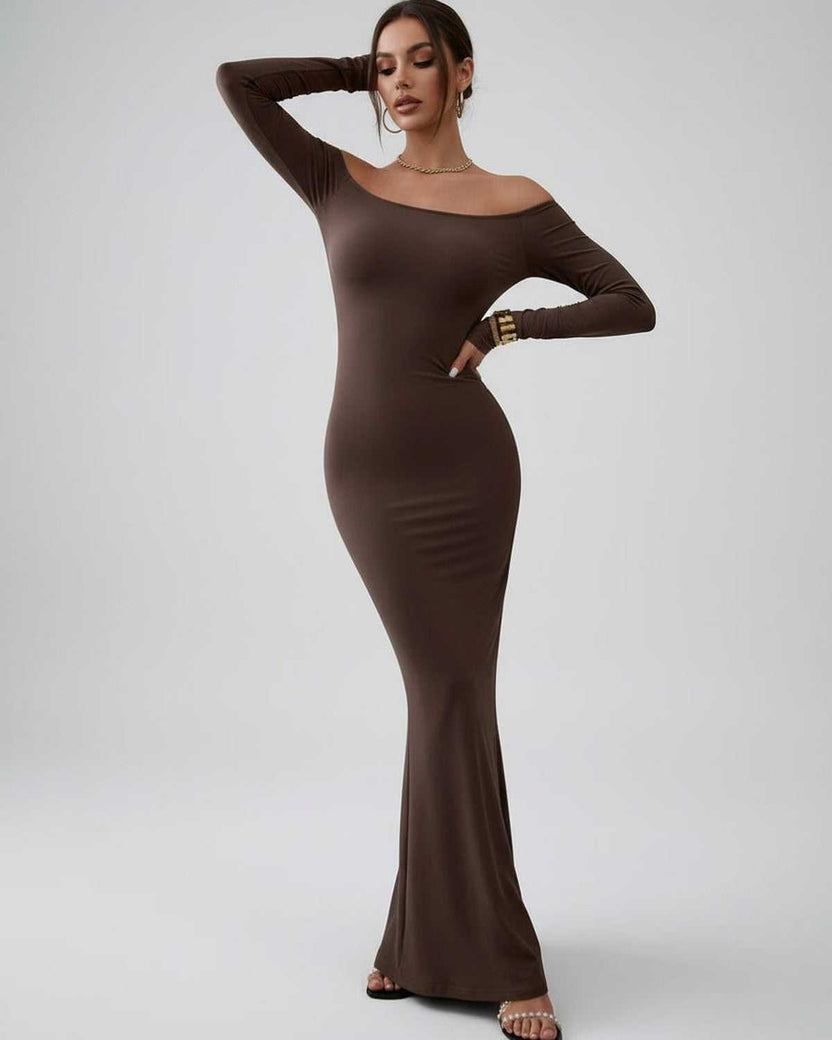 Lauven Celeste Maxi Dress in chocolate brown, off-shoulder design with sleek fishtail silhouette.