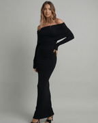 Celeste Maxi Dress by Lauven, featuring an off-shoulder design and elegant ankle-length silhouette in black.