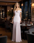 Celeste Maxi Dress by Lauven - Elegant off-shoulder gown in soft pink, featuring a metallic embellishment.