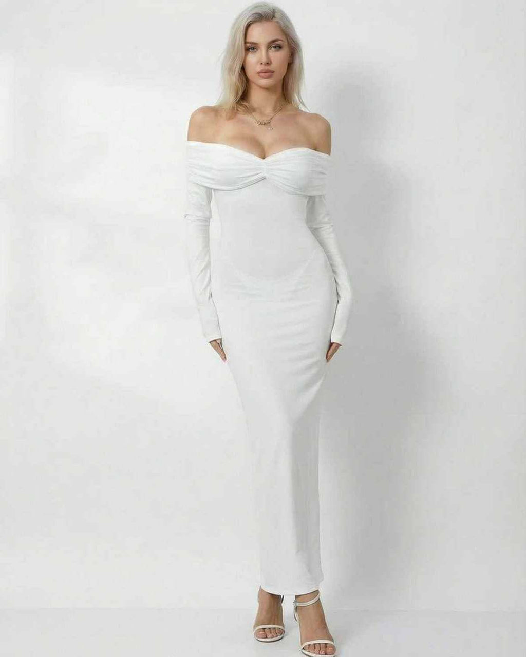 Celeste Maxi Dress by Lauven, featuring a sleek off-shoulder design in elegant white, perfect for special occasions.