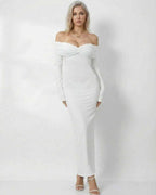 Celeste Maxi Dress by Lauven, featuring a sleek off-shoulder design in elegant white, perfect for special occasions.