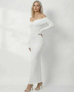 Celeste Maxi Dress by Lauven in solid white with off-shoulder design and full-length sleeves for a sleek, flattering fit.