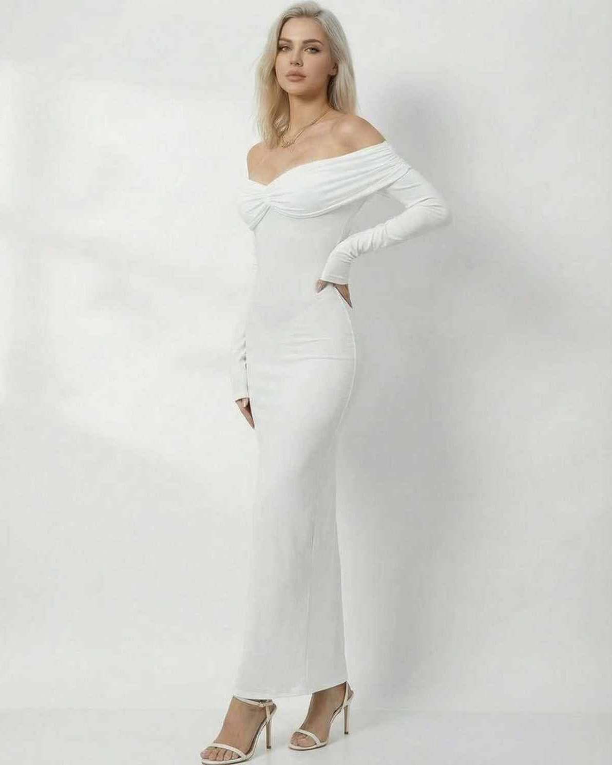 Celeste Maxi Dress by Lauven in solid white with off-shoulder design and full-length sleeves for a sleek, flattering fit.
