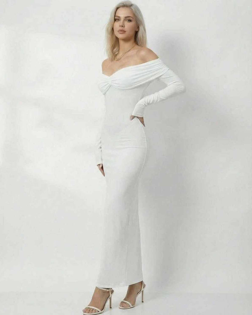 Celeste Maxi Dress by Lauven in solid white with off-shoulder design and full-length sleeves for a sleek, flattering fit.