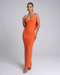 Celeste Maxi Dress by Lauven in bright orange, elegant spaghetti strap silhouette, perfect for special occasions.