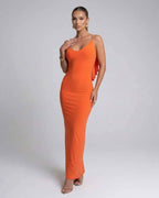 Celeste Maxi Dress by Lauven in bright orange, elegant spaghetti strap silhouette, perfect for special occasions.