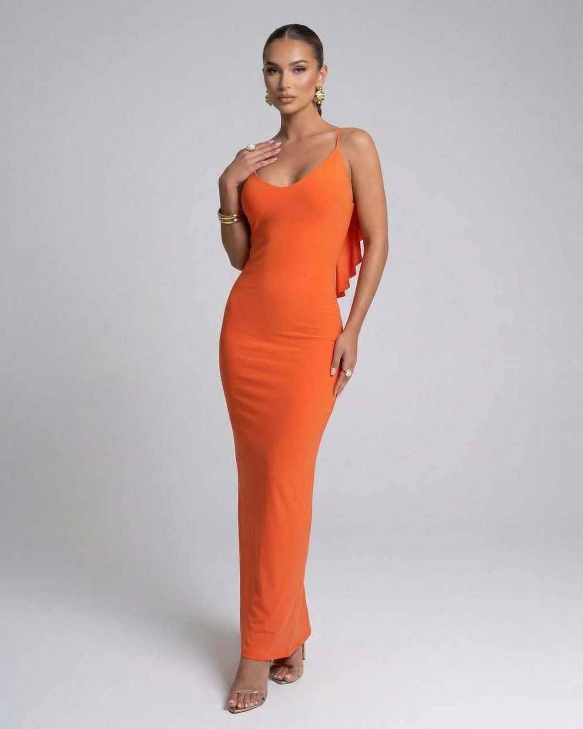 Celeste Maxi Dress by Lauven in bright orange, elegant spaghetti strap silhouette, perfect for special occasions.