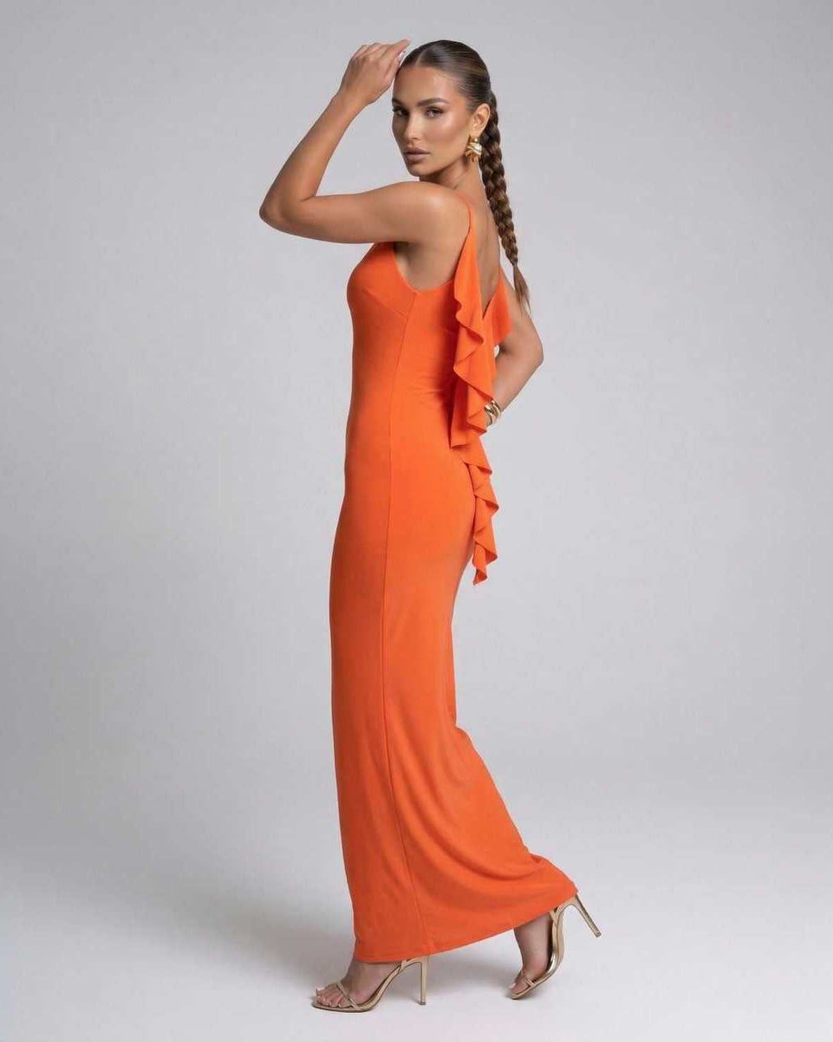 Celeste Maxi Dress by Lauven, elegant orange spaghetti strap silhouette showcasing a flattering fit.