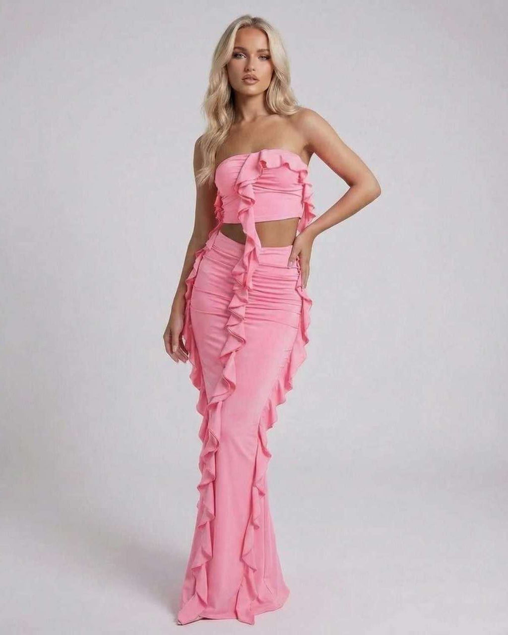 Celeste Maxi Dress by Lauven - Elegant pink strapless dress with ruffle accents, perfect for modern sophistication.