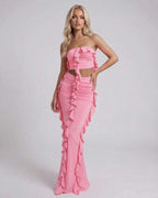 Celeste Maxi Dress by Lauven - Elegant pink strapless dress with ruffle accents, perfect for modern sophistication.