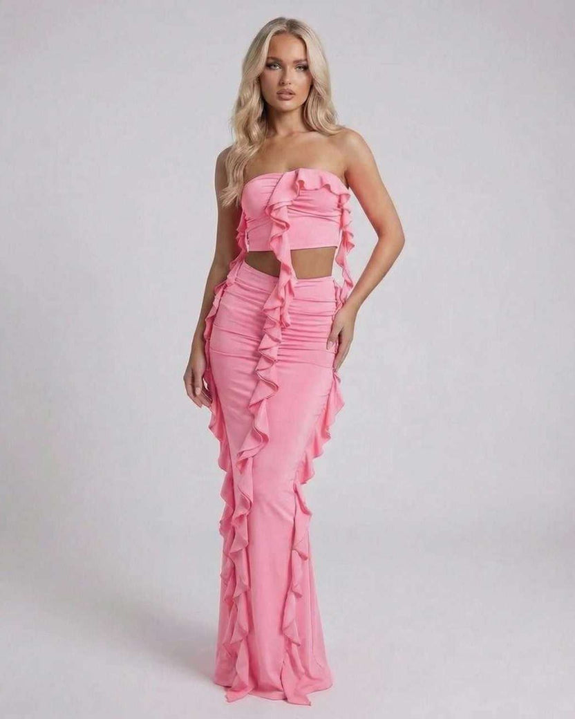 Celeste Maxi Dress by Lauven, elegant pink strapless dress with ruffle accents and modern silhouette.