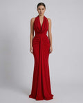 Celeste Maxi Dress by Lauven in elegant red satin fabric, featuring a flowing silhouette perfect for formal occasions.