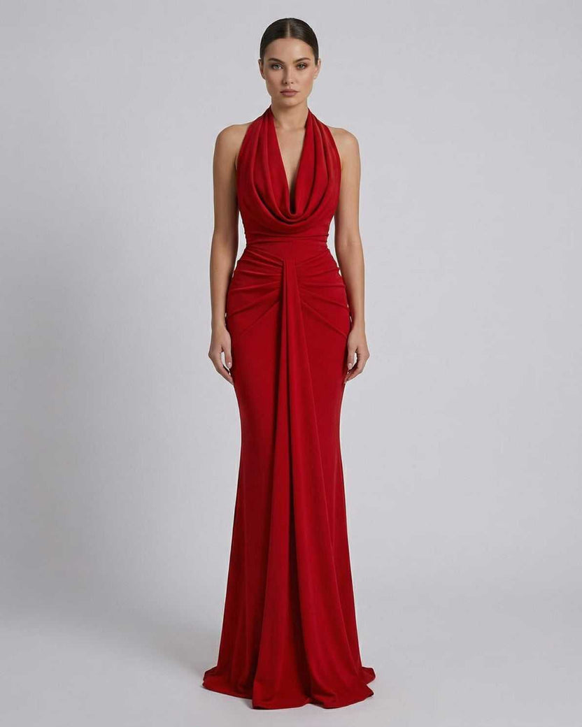 Celeste Maxi Dress by Lauven in elegant red satin fabric, featuring a flowing silhouette perfect for formal occasions.