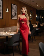 Celeste Maxi Dress by Lauven, elegant red satin fit and flare silhouette, perfect for evening wear.