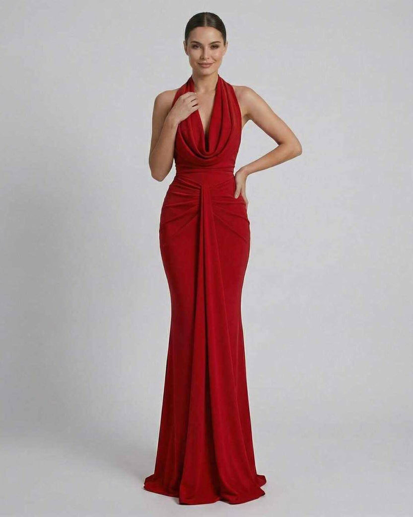 Celeste Maxi Dress by Lauven - Elegant red satin silhouette with a smooth finish, perfect for formal occasions.