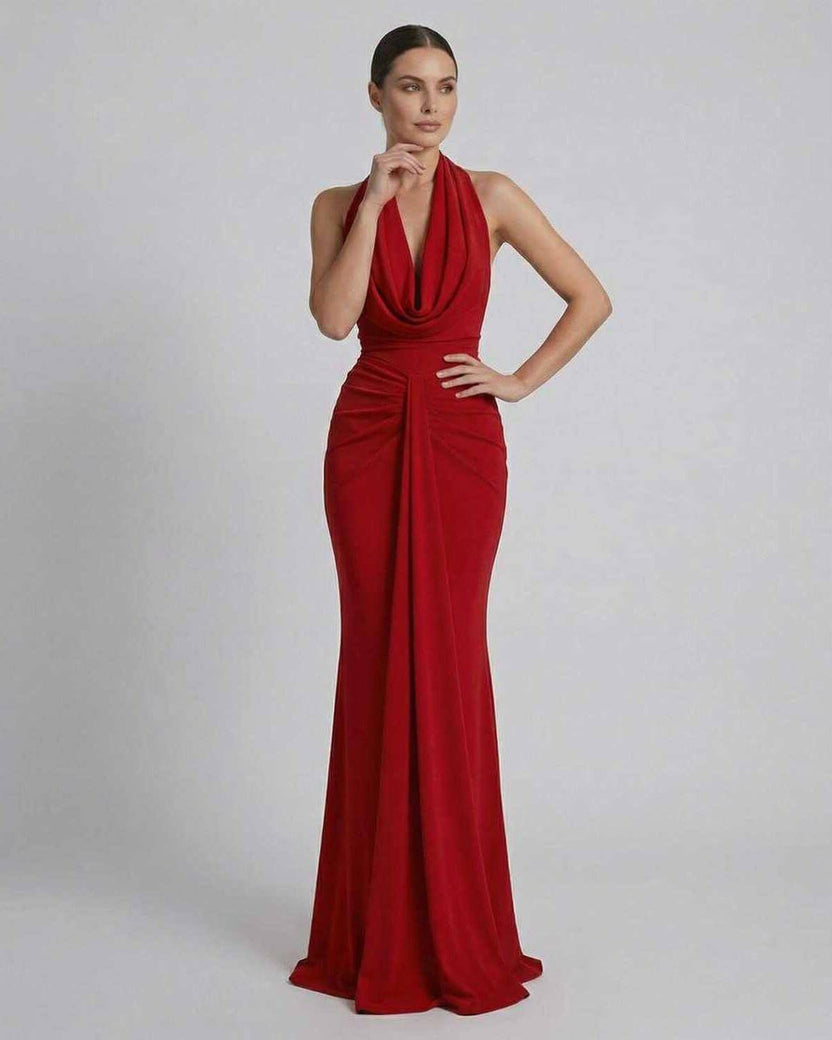 Celeste Maxi Dress by Lauven in elegant red satin silhouette, designed for sophisticated formal occasions.