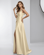 Celeste Maxi Dress showcasing satin A-line silhouette with V-neck and elegant floor-length design by Lauven.