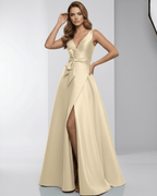 Celeste Maxi Dress - Elegant champagne satin A-Line, deep V-neck, floor-length evening wear by Lauven.