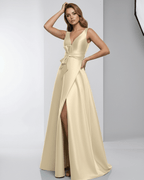 Celeste Maxi Dress features a satin A-line design with a deep V-neck and elegant draping from Lauven.