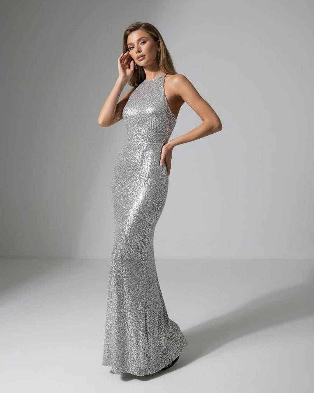 Celeste Maxi Dress - Silver sequin evening dress with halter neck, elegant silhouette by Lauven.