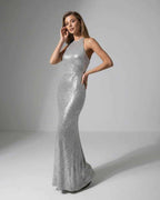 Celeste Maxi Dress - Silver sequin evening dress with halter neck, elegant silhouette by Lauven.
