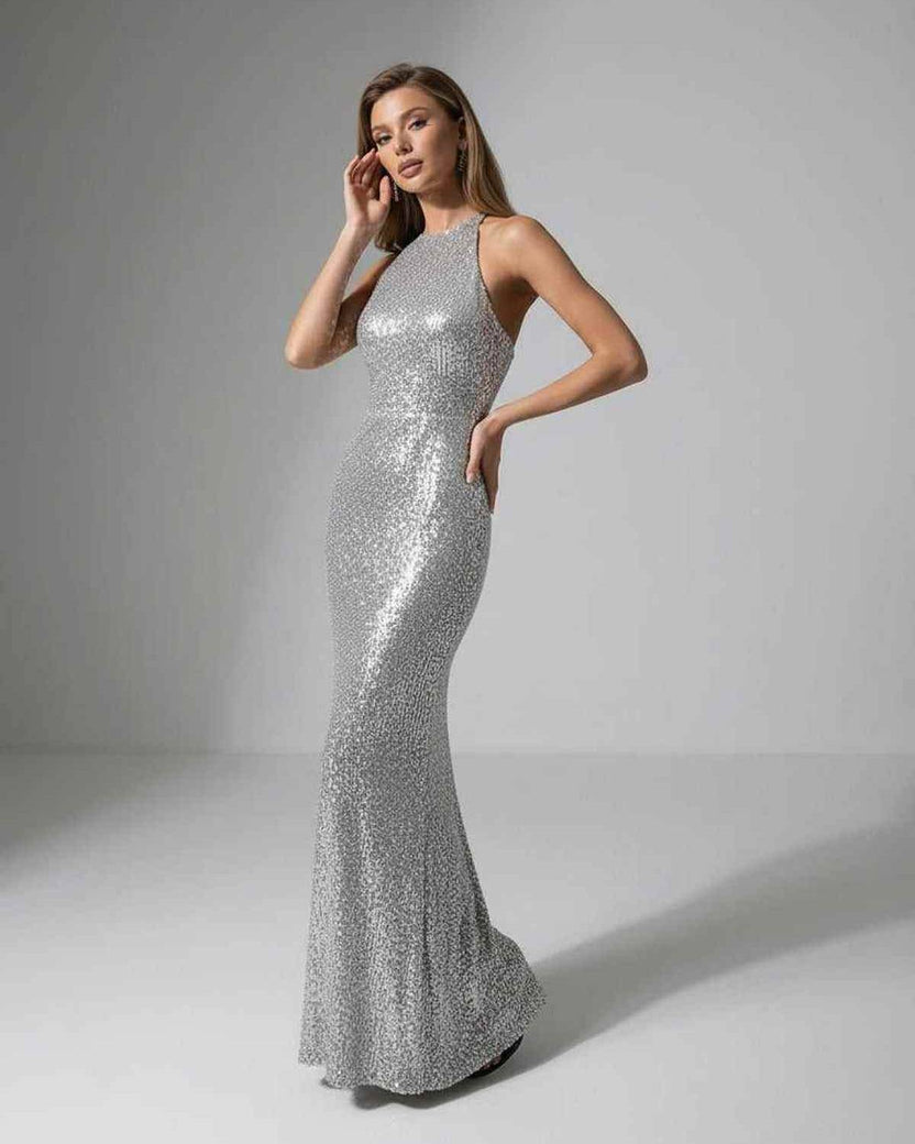 Celeste Maxi Dress - Silver sequin evening dress with halter neck, elegant silhouette by Lauven.